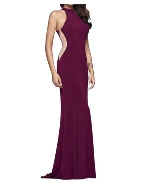 Faviana Halter Neck Gown with Side Mesh Cut Outs 7943 Bordeaux Size 0 NWT